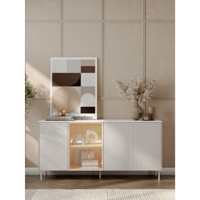 Bufet cu 4 usi, 195 cm, iluminare LED, alb/stejar Libra