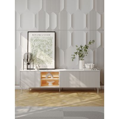 Comoda TV, 195 cm, iluminare LED, alb/stejar Libra